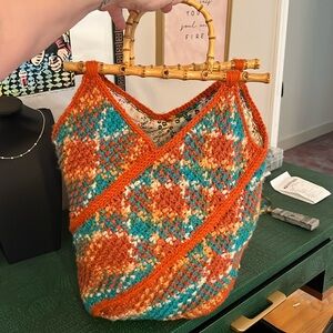 Crochet Bag With Wooden Handle Handcrafted